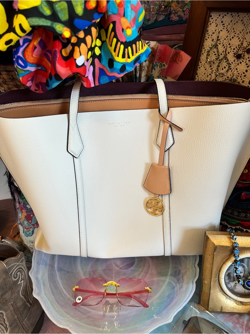 Tory Burch 3 pocket White and Tan Tote Leather Perry Tote with Gold Logo Charm